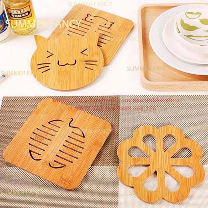 Đĩa gỗ đựng bánh hình vuông khắc rỗng xương cá , cú mèo lót ly gỗ lót nồi gỗ coaster