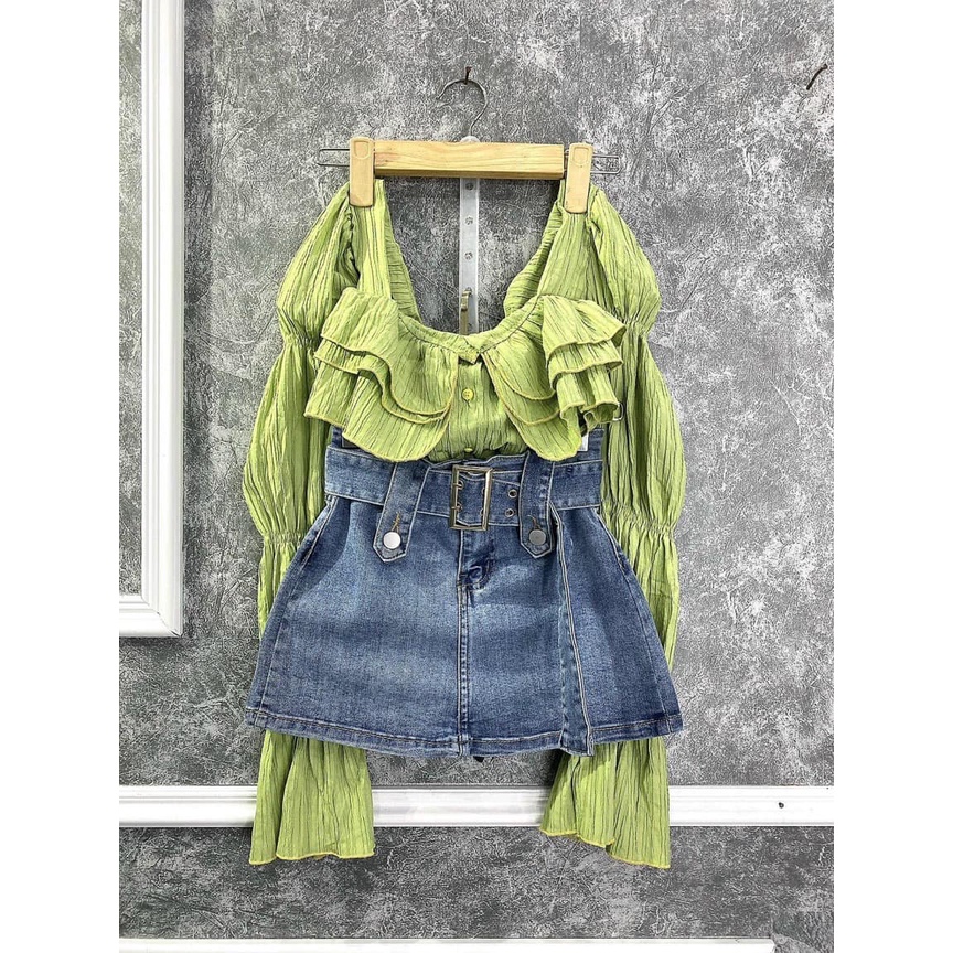 CHÂN váy jeans xanh kèm đai 123