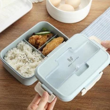 Hộp cơm trưa văn phòng 3 ngăn nhựa lúa mạch kèm đũa thìa inox hàng đẹp