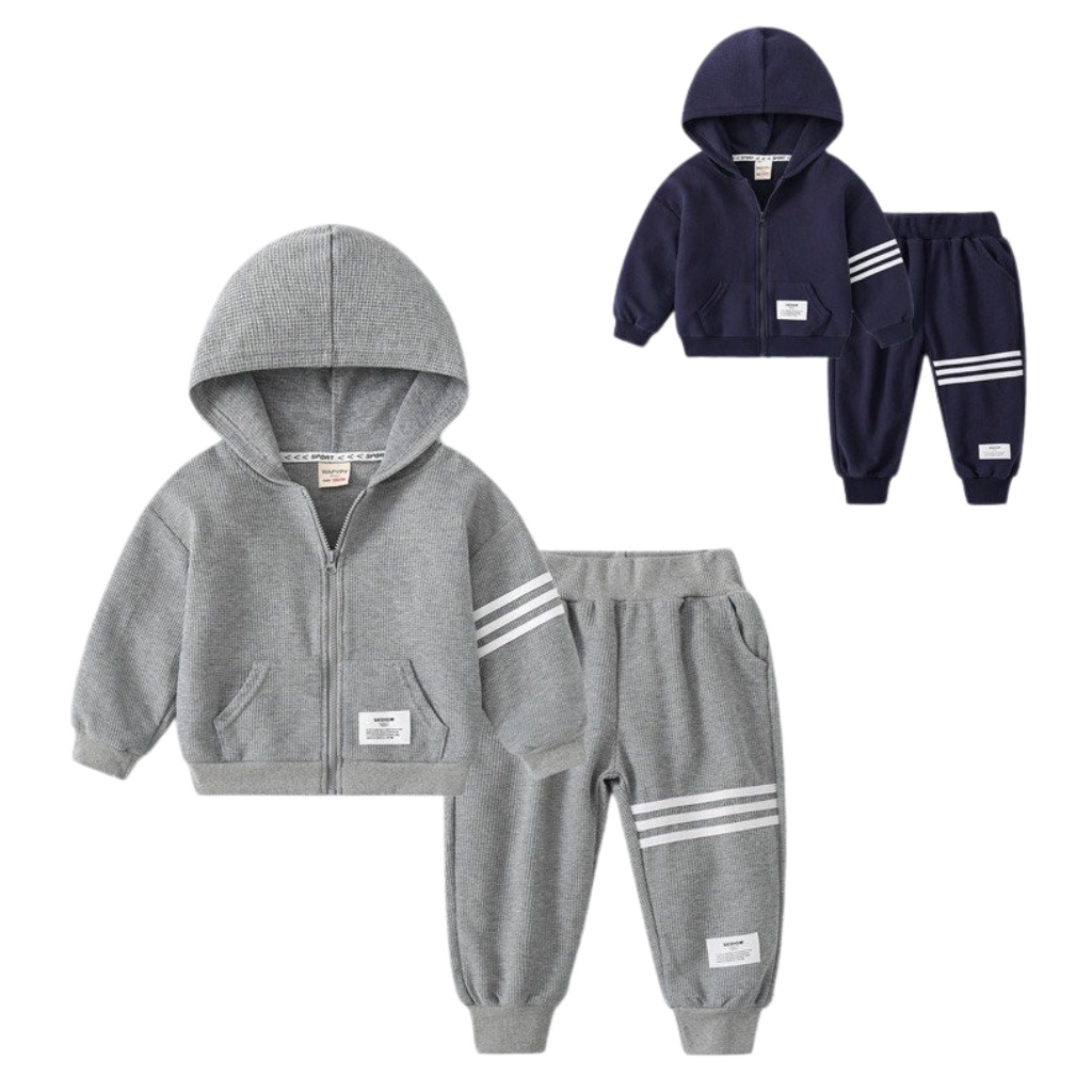 Bộ Nỉ Dài Tay Cho Bé Kangmin kids, Bộ thu đông cho bé trai 3 Vạch Chất Thun Tổ Ong Có Mũ Cực Xinh Cho Bé từ 7-28kg