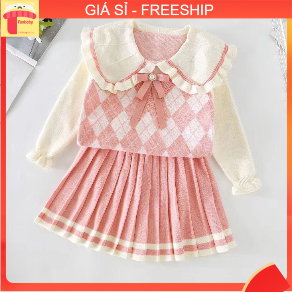 Set váy len bé gái 2-8 tuổi rời cổ bèo đính nơ. Đầm len cho bé đanh sợi mềm mịn hàng Quảng Châu cao cấp
