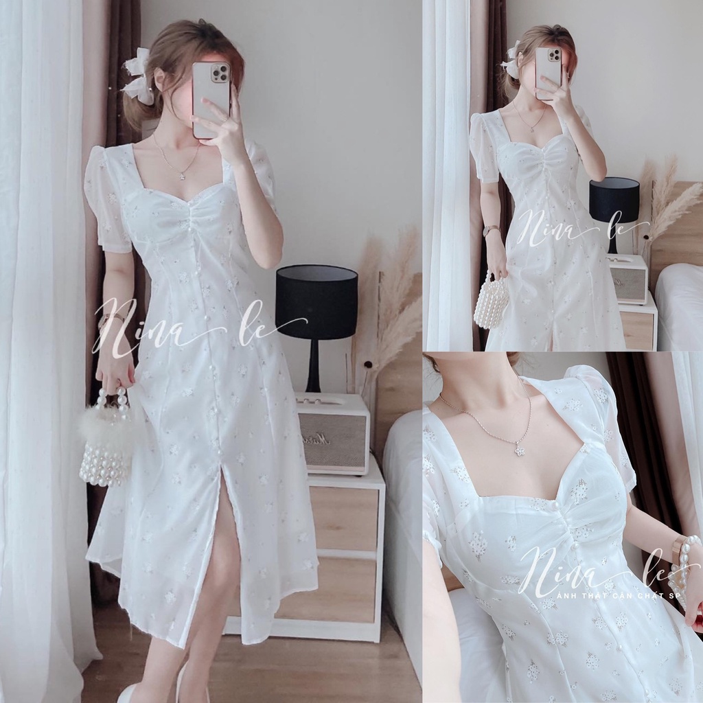 Đầm váy nữ hoa nhún ngực xẻ tà kết hợp với màu trắng tinh khôi siêu xinh dành cho các nàng đi chơi, dạo phố | BigBuy360 - bigbuy360.vn