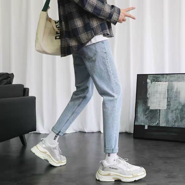 Quần bagyy jean trơn co giản xanh nhạt