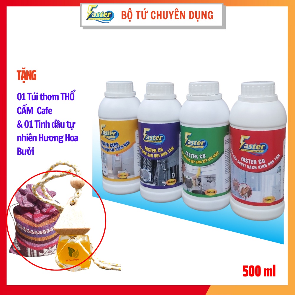 Combo Nước Tẩy Dầu Mỡ Nhà Bếp Lâu Ngày &amp; Tẩy Trắng Bồn Sứ, Tẩy Trắng Gạch Nhà Vệ Sinh Faster Plus 500ml