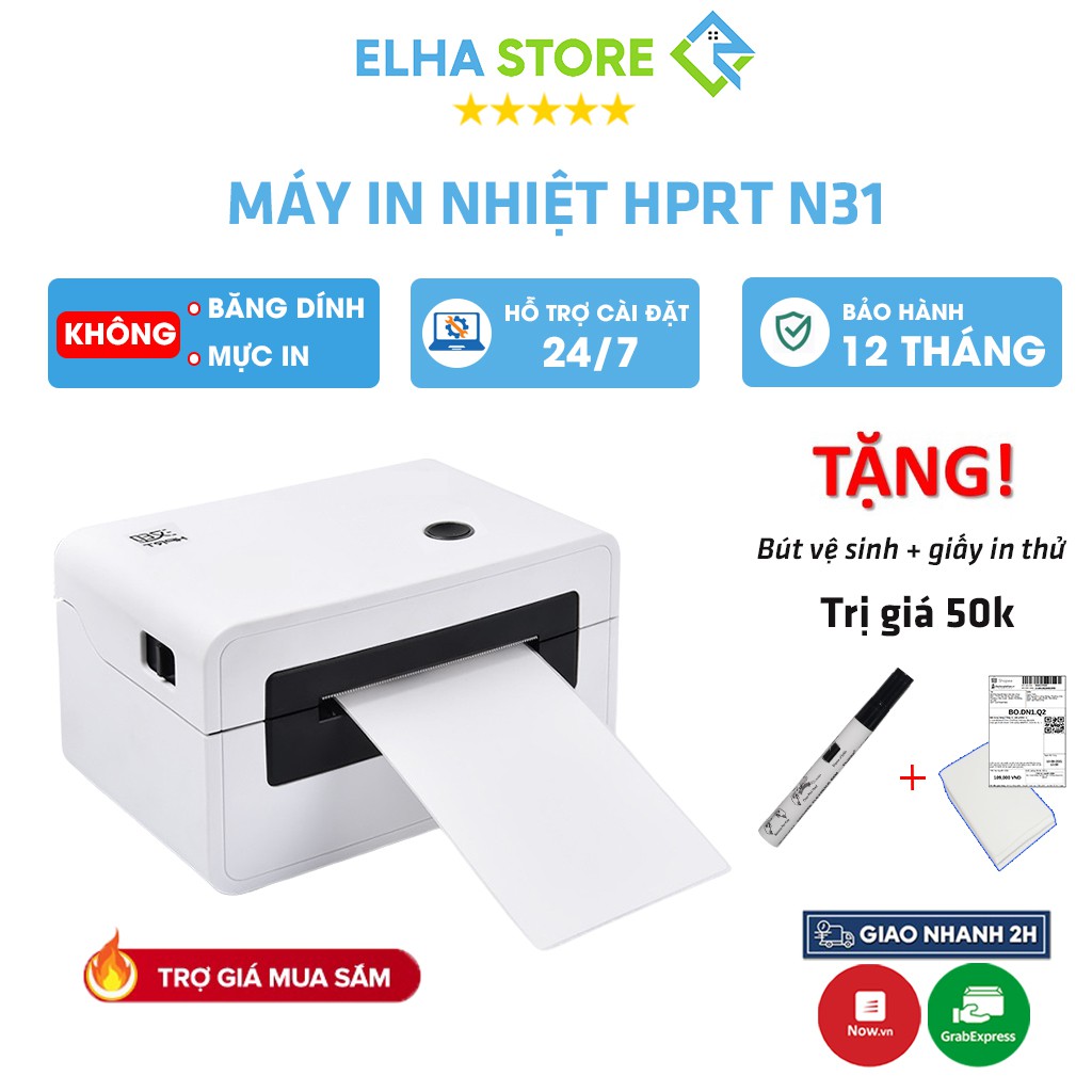 Máy in nhiệt mini HPRT N31 in đơn hàng TMĐT kèm khay và 500 tờ giấy in nhiệt 76x130mm bảo hành 12 tháng