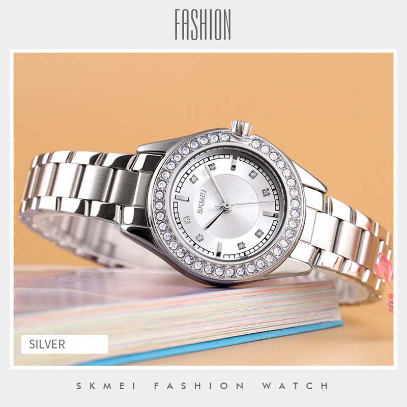 Đồng Hồ Analog Máy Quartz Nữ Đính Hột Xoàn Dây Thép Không Gỉ Chống Thấm Nước SKMEI1534