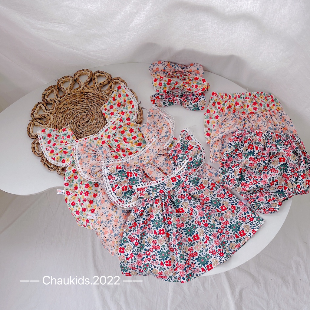 Bộ cộc tay bé gái, bộ chip hoa viền ren trắng kèm turban cho bé