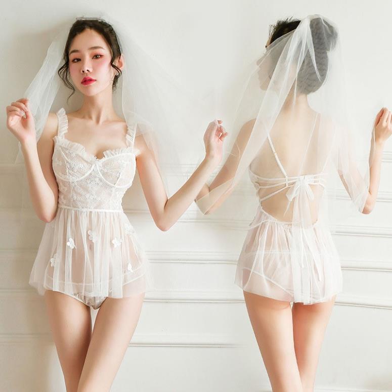 Bộ Đồ Ngủ Cosplay Cô Dâu Von Mỏng Họa Tiết Hoa Mai