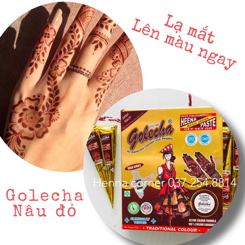 HENNA GOLECHA MÀU NÂU ĐỎ - MỰC VẼ (MỰC XĂM) An toàn (Tặng khuôn vẽ ngẫu nhiên)