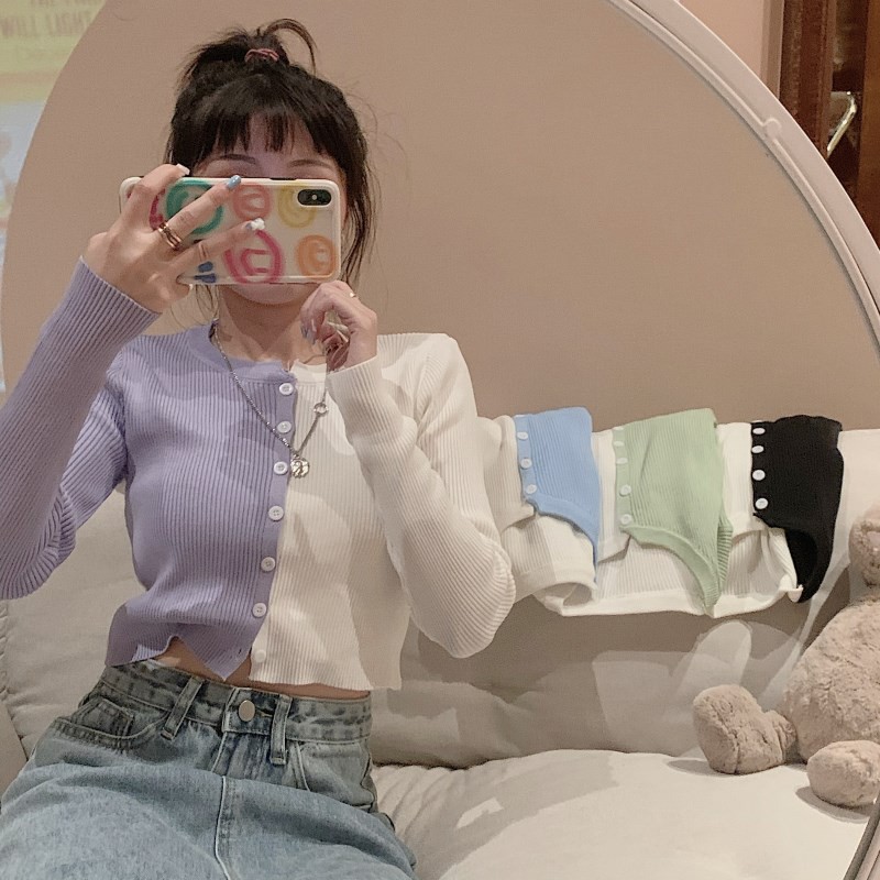 Áo Khoác Cardigan Dệt Kim Dáng Ngắn Phối Màu Kiểu Retro Xinh Xắn