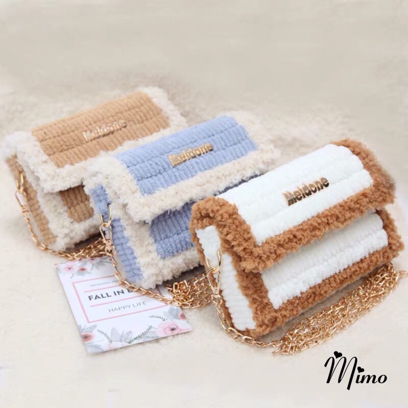 Túi Handmade tự đan đầy đủ phụ kiện đan len gồm len mịn, cancas cắt sẵn, dây xích hot tiktok