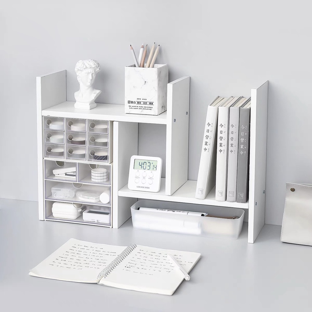 Kệ sách gỗ để bàn đa năng Béo shop màu trắng có thể tháo rời lắp ghép dễ dàng tiện lợi decor bàn làm việc góc học tập