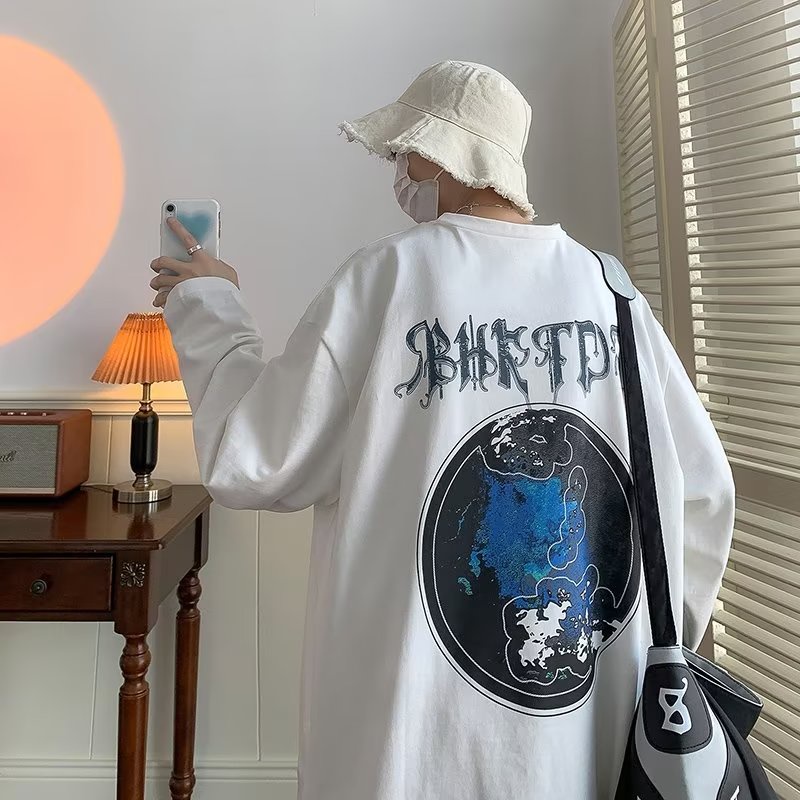 Áo Thun Tay Dài Cổ Tròn Dáng Rộng In Chữ Phong Cách Hàn Quốc Thời Trang Cho Nam Và Nữ size M-5XL