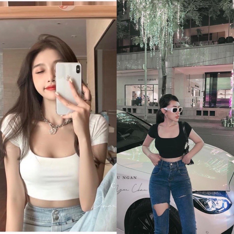 Áo thun croptop cổ vuông tay ngắn Sammivnxk🌱Áo thun cổ vuông dáng ngắn nữ🌱{free ship}