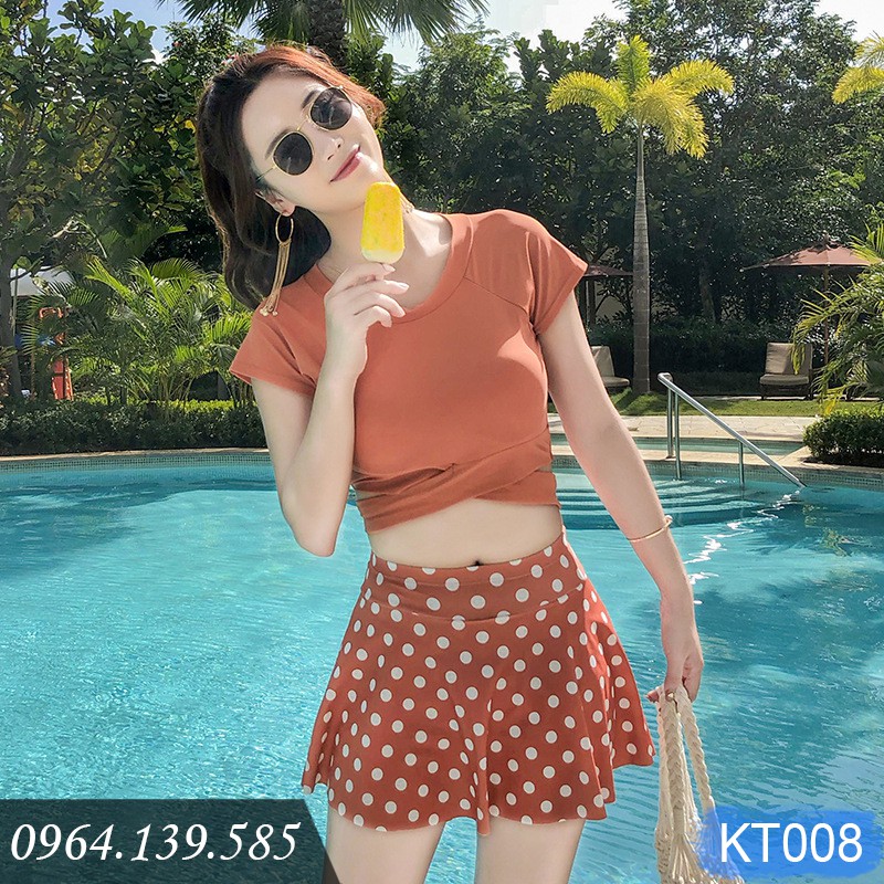 [SALE LẺ SIZE] - Bikini 2 mảnh kín đáo, áo gọng đệm nâng đẩy, quần váy chấm bi, có size to đến 65kg | KT008