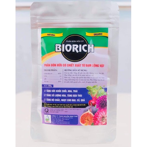 Gói 100gr phân bón hữu cơ BIORICH chiết xuất từ đạm động vật - Cải tạo, kháng bệnh cho đất. Tăng sức khoẻ chồi, hoa, trá