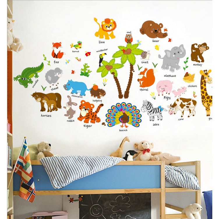 Decal dán tường trang trí - Thú tiếng anh hoạt hình