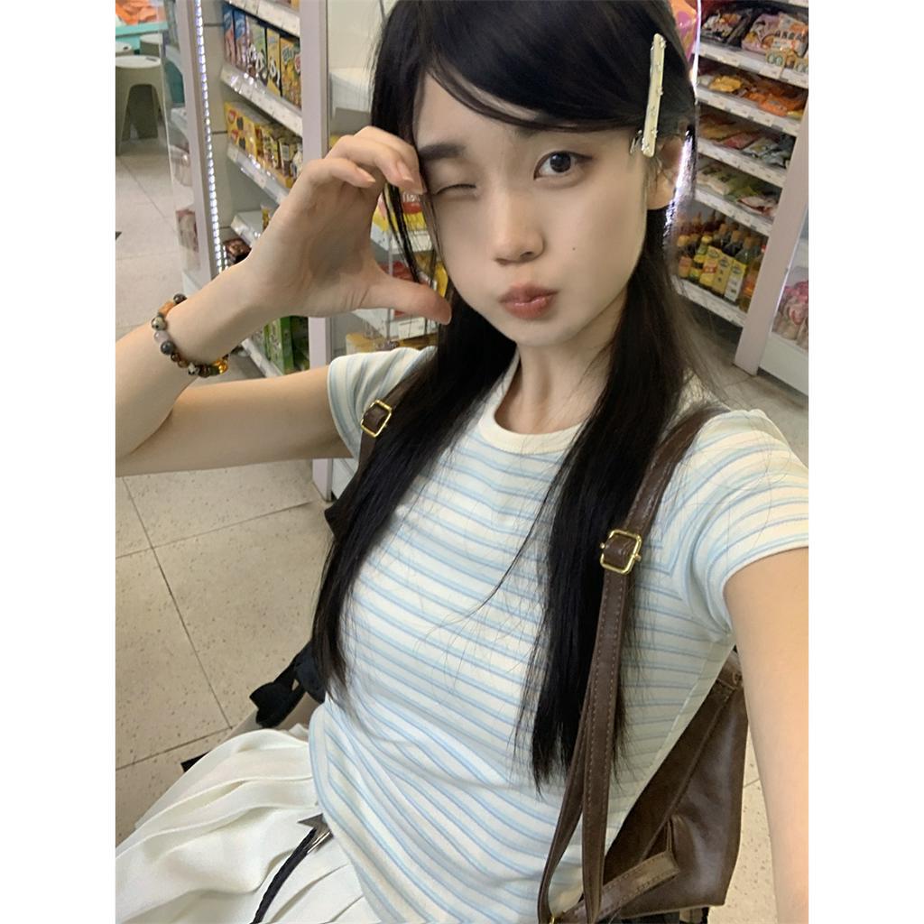 Xiaozhainv Áo Thun Tay Ngắn Cổ Tròn Họa Tiết Kẻ Sọc Đơn Giản Thời Trang Hàn Quốc Cho Nữ