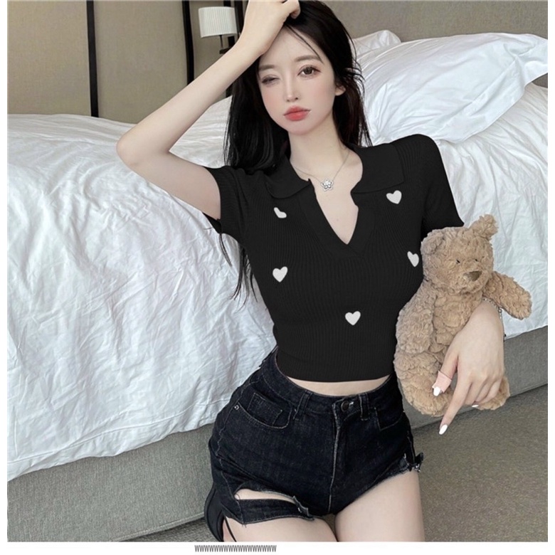 Áo thụ cổ bẻ thêu trái tim, thun gân len GB alohashop91