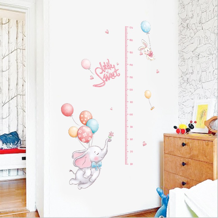 Decal dán tường thước đo chiều cao cho bé yêu Chú voi con bay vui vẻ - decan cao cấp tự dán tại nhà dễ dàng AMYSHOP