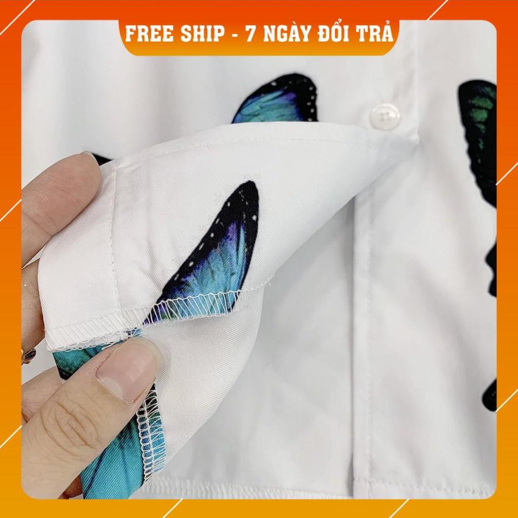 Áo Sơ Mi Tay Lỡ In Họa Tiết Bướm Xanh V1 Unisex (Trắng/Đen) | BigBuy360 - bigbuy360.vn