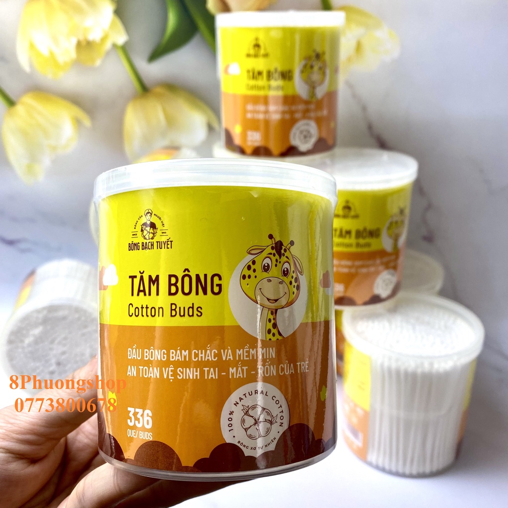 Tăm Bông 336 Que HỘP TRÒN XOAY Bông Bạch Tuyết Cotton Buds vệ sinh cho bé và người lớn