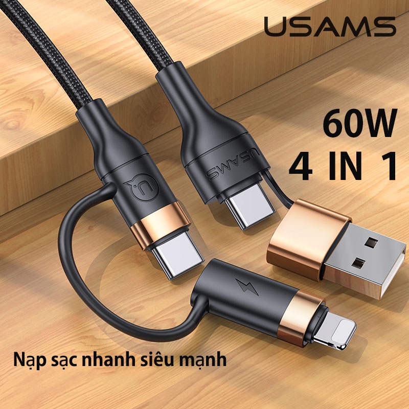 Usams Dây Cáp Sạc Nhanh 4 Trong 1 USB + Type-C Sang Type-C IP PD 60W thumbnail