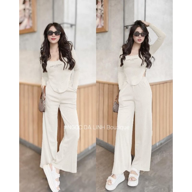 Bộ tt nữ len tăm Áo Croptop vạt bầu thêu chữ, quần suông ống rộng cá tính.