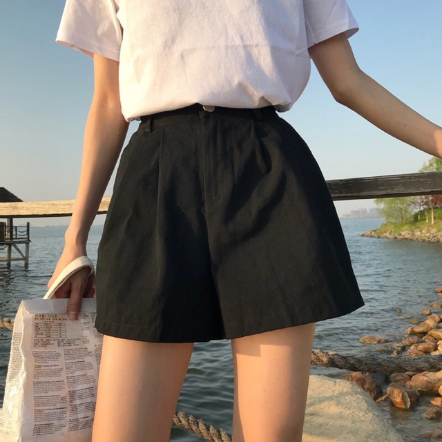 quần short ulzzang short nữ đẹp quần sooc kaki ống rộng cạp lưng cao đen trắng kiểu dáng hàn quốc