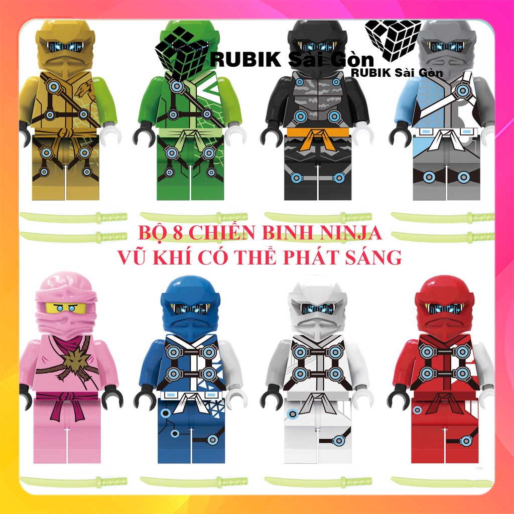 Bộ đồ chơi Mini cho bé lắp ghép mô hình nhân vật 8 Ninja Minifigures vũ khí có hiệu ứng phát sáng