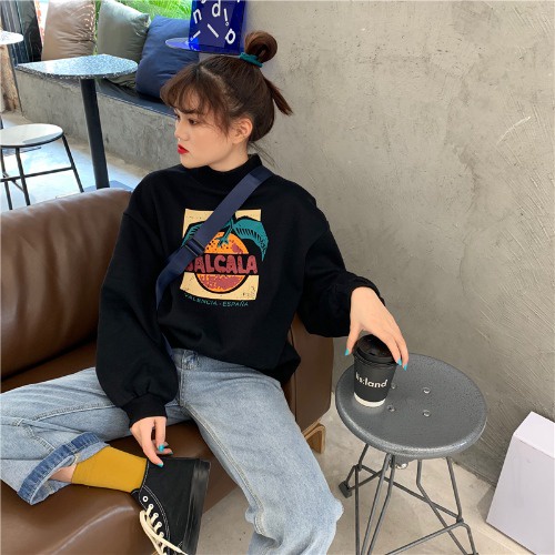 Áo sweater Cổ Cao Phối Lông Dày Dặn In Họa Tiết Thời Trang Thu Đông Cho Nữ