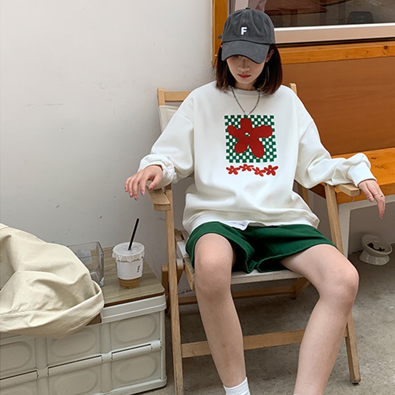 【ZHELIHANGFEI】Áo Thun Nỉ Tay Dài Dáng Rộng In Hoa Phối Họa Tiết Ván Trượt Dễ Phối Đồ