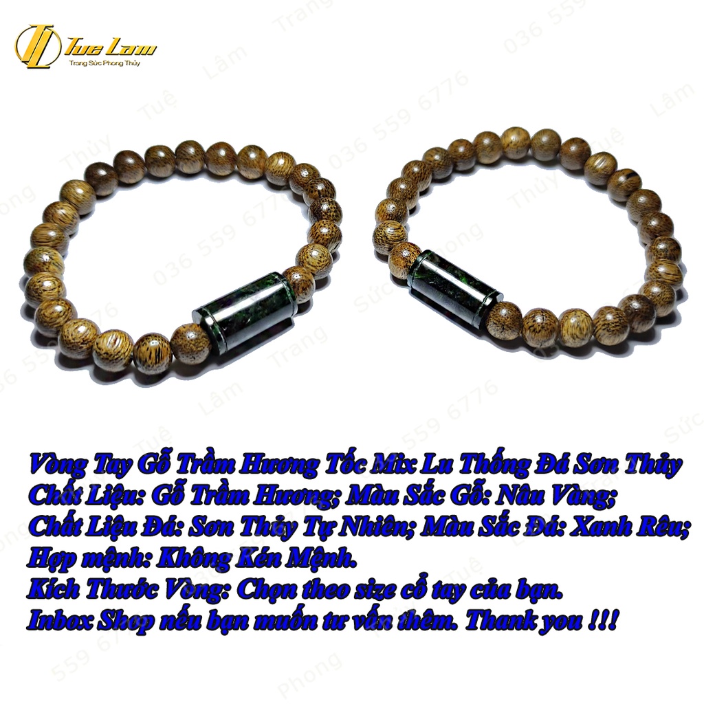 Vòng tay hạt gỗ trầm hương tốc vườn size 8 li mix lu thống sơn thủy màu xanh rêu - Tuệ Lâm