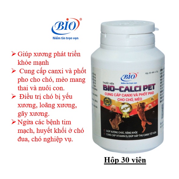 BIO- CALCI PET Hộp 30 viên. Cung cấp canxi- Phospho cho xương răng chó- mèo khỏe mạnh