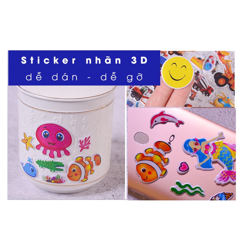 Set 10 Hình dán nổi làm phần thưởng tự học, tự chơi cho bé gái, hình dán hoạt hình dành cho trẻ em