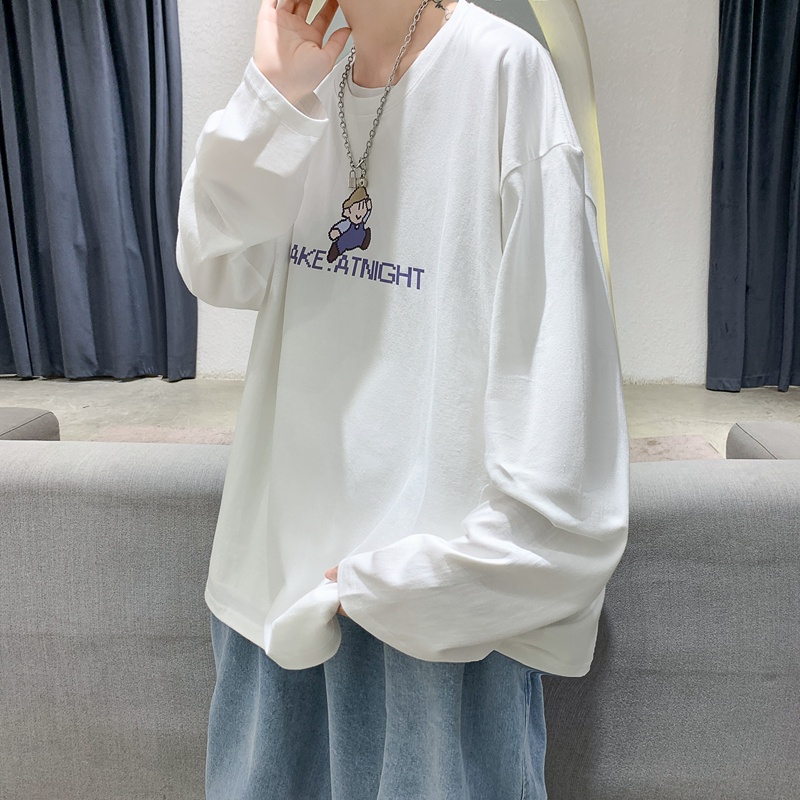 Áo Thun Tay Dài Cổ Tròn Dáng Rộng In Họa Tiết Hoạt Hình Dễ Phối Đồ Thời Trang Cho Nam Size M-5XL