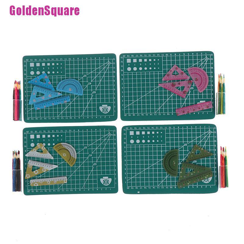 [Golden] 1Set 1:12 Scale Dollhouse Miniature Cutting Mat Ruler Pencil Pen Holder Model