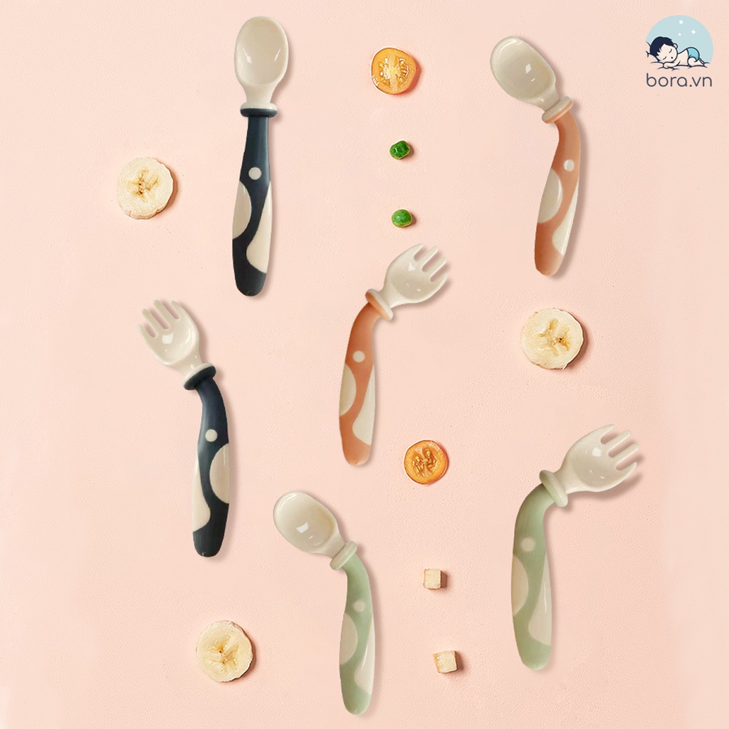 Bộ Muỗng Nĩa Silicone Tập Ăn Uốn Cong Không BPA Cho Bé Sơ Sinh