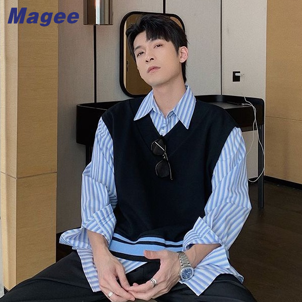Magee Áo sweater Dệt Kim Không Tay Dáng Rộng Giả Hai Lớp Phong Cách Mới Mùa Xuân