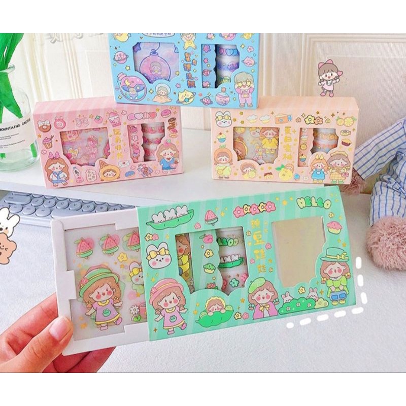 Hộp 10 trang sticker và 1 khay washi tape, mẫu ngẫu nhiên ạ, mã HZ3701