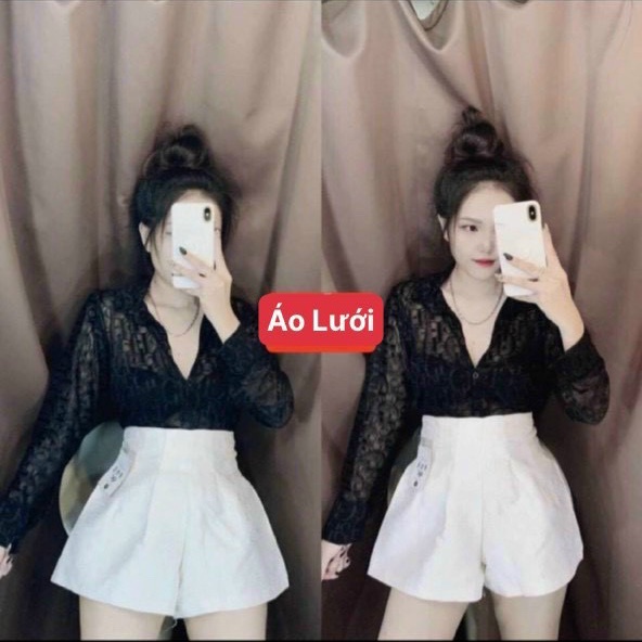 Áo sơ mi lưới họa tiết tay dài 2 màu trắng đen Quảng Châu