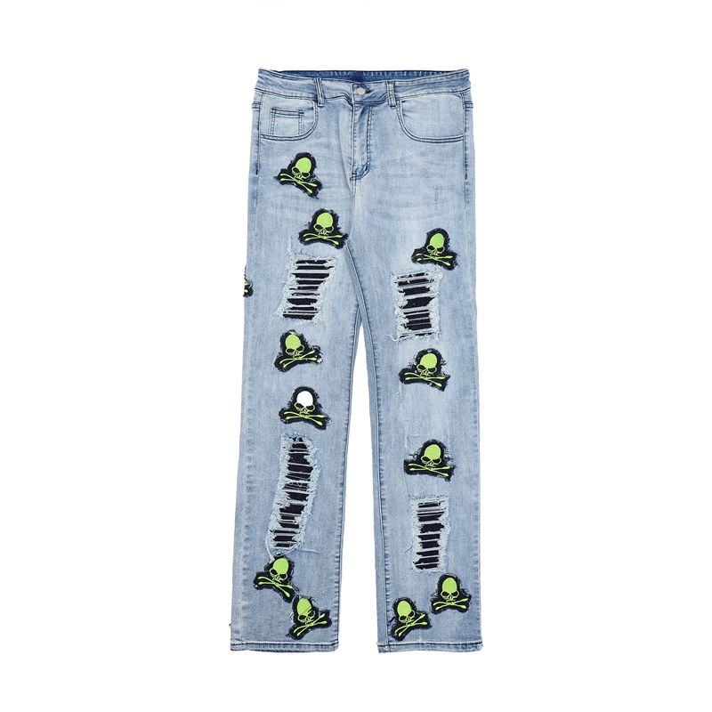 Quần jeans dài thêu họa tiết đầu lâu cá tính cho nam và nữ