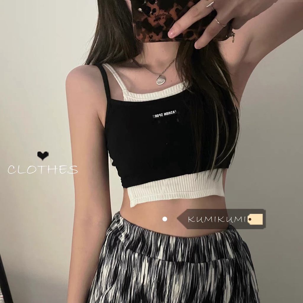 MS223 Áo 2 dây len tăm phối màu dáng croptop năng động