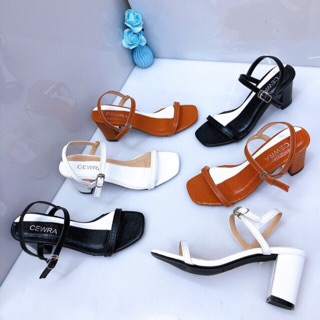 Sandal quai mảnh da rắn lót phối màu gót vuông 5p