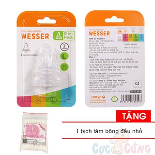 Ty bình sữa Wesser cổ thường size L -2 cái/vỹ Tặng 1 gói tăm bông đầu nhỏ