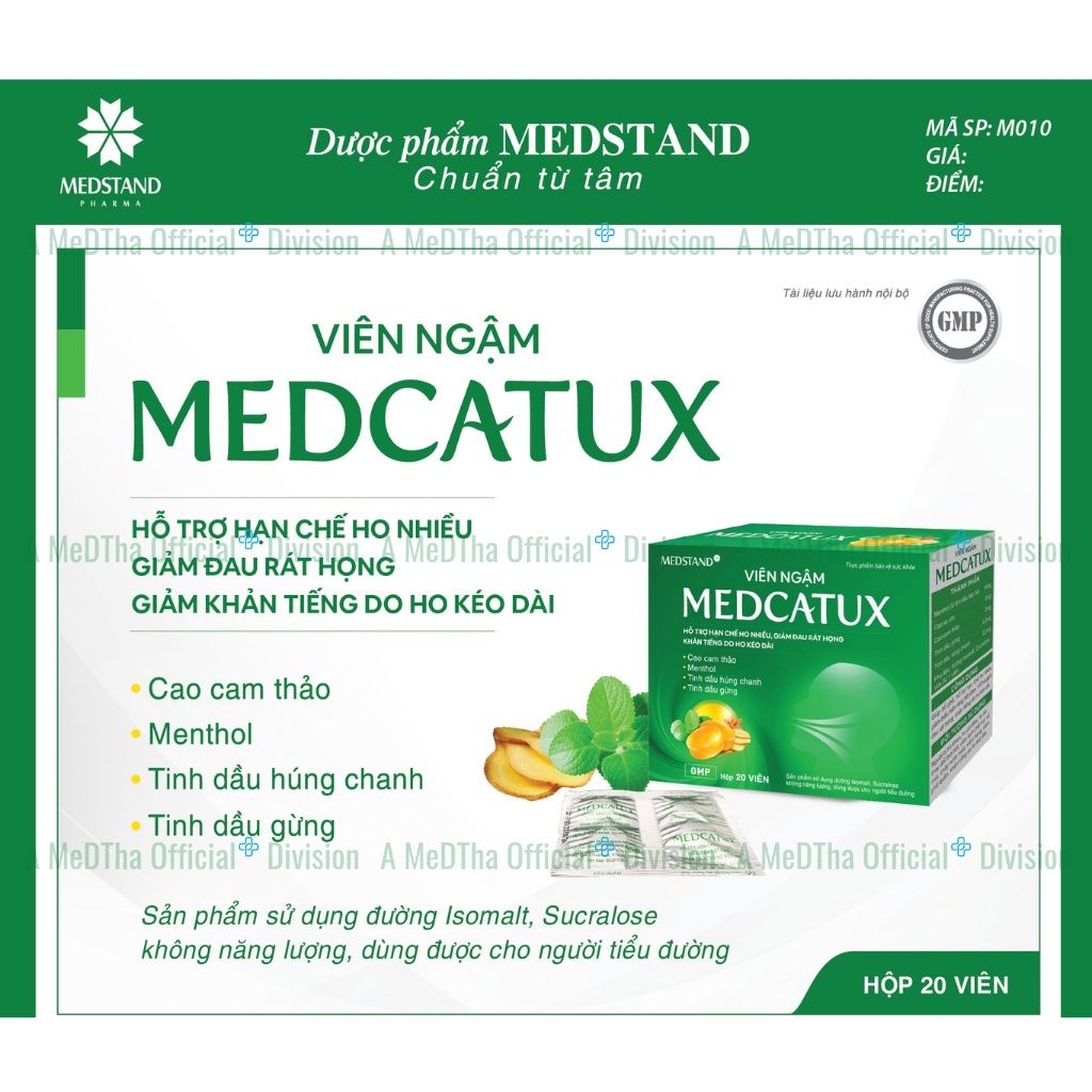 Medcatux, Giảm ho, đau rát họng , khàn tiếng, hộp 20 viên