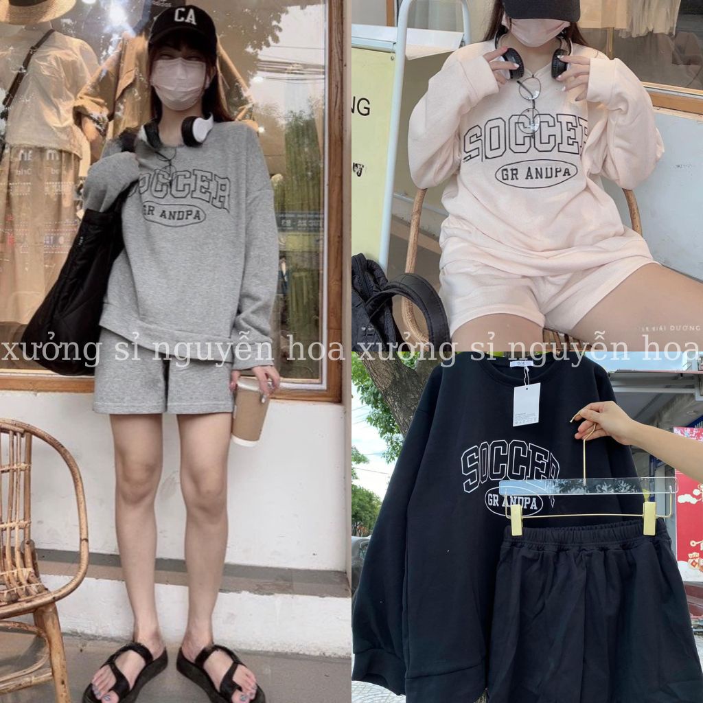 Sét bộ áo nỉ sweater dài tay in chữ soccer kèm quần đùi form rộng mặc thu đông siêu xinh 3 màu xám be đen