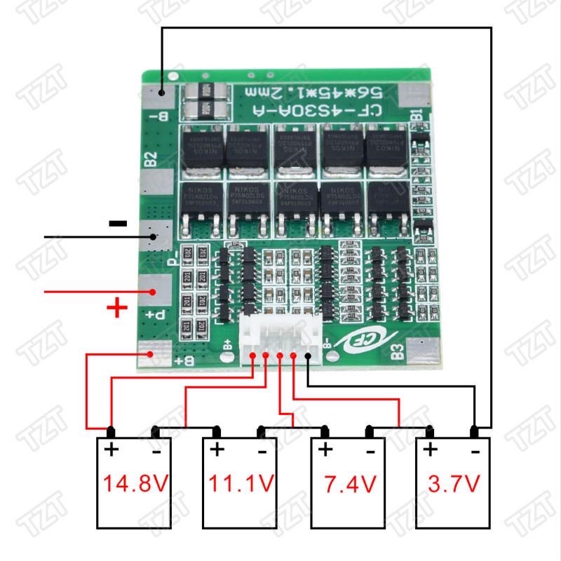 Bảng mạch cân bằng Pcb 4S 30A 14.8V bảo vệ pin Li-Ion Lithium 18650 tích hợp cáp. Gói bảo vệ pcb cân bằng .