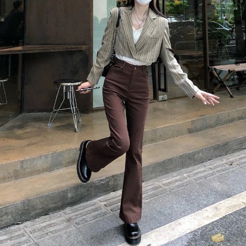 Quần Jeans Ống Loe Màu Nâu Đen Lưng Cao Chất Jean Kaki Loại 1 Dày Dặn Style Hàn Quốc Mặc Hàng Ngày Năng Động
