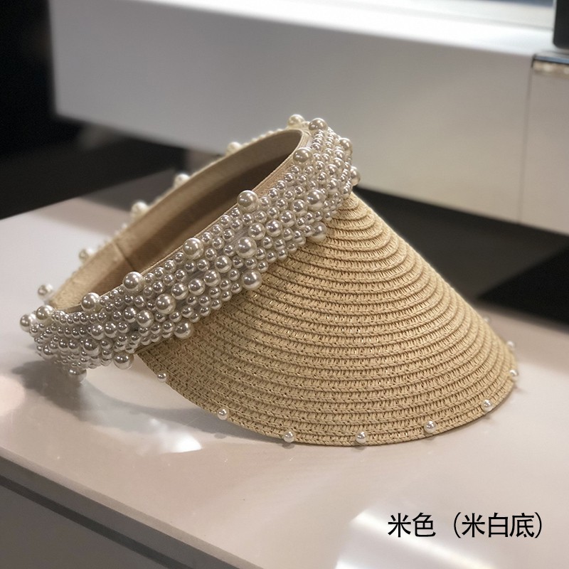 Mũ Cói Che Nắng Vành Hở Chóp Đính Ngọc Trai Phong Cách Hàn Quốc Cho Nữ